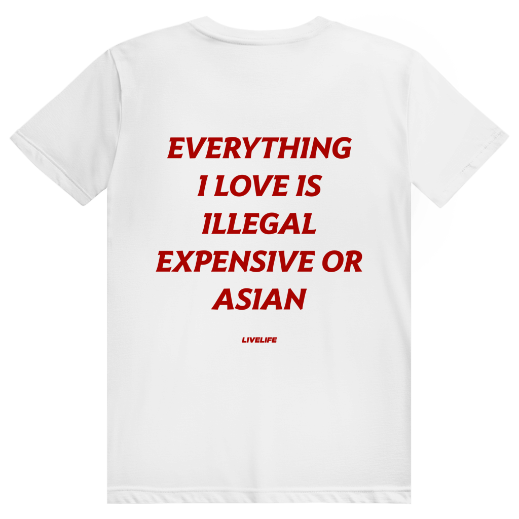 Everything I Love Is Illegal Expensive Or Asian - Freches Dating Meme Statement - Premium Bio Unisex (Rückendruck) T-Shirt