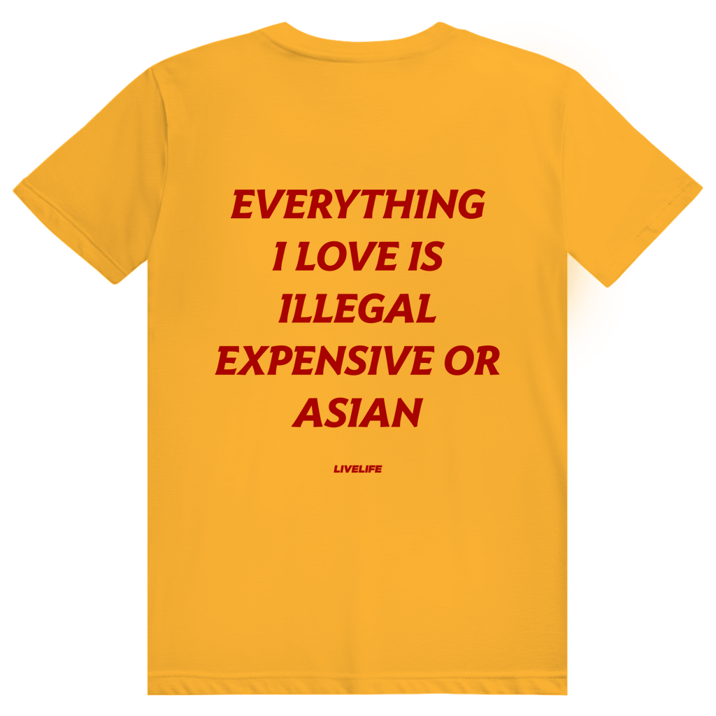 Everything I Love Is Illegal Expensive Or Asian - Freches Dating Meme Statement - Premium Bio Unisex (Rückendruck) T-Shirt