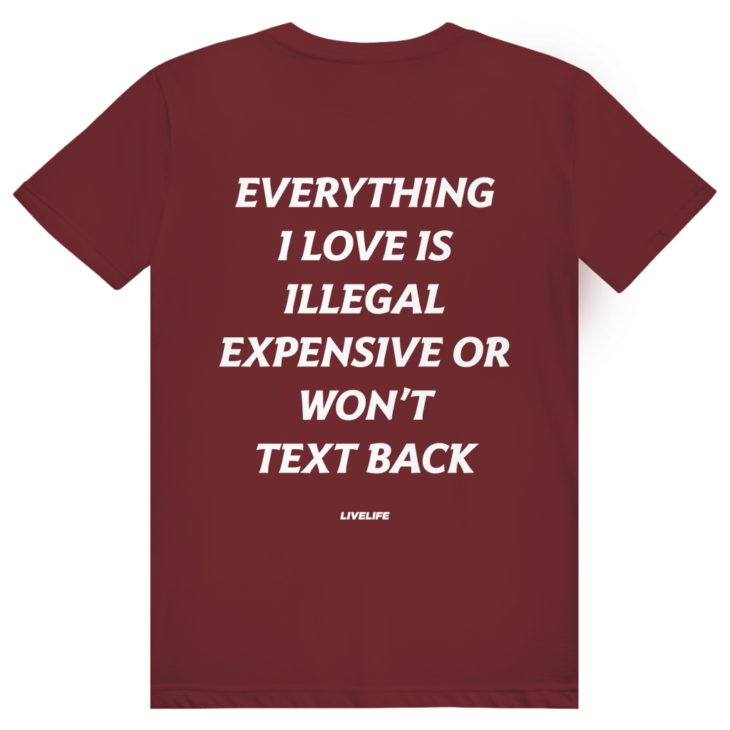 Everything I Love Is Illegal Expensive Or Wont Text Back - Freches Dating Meme Statement - Premium Bio Unisex (Rückendruck) T-Shirt